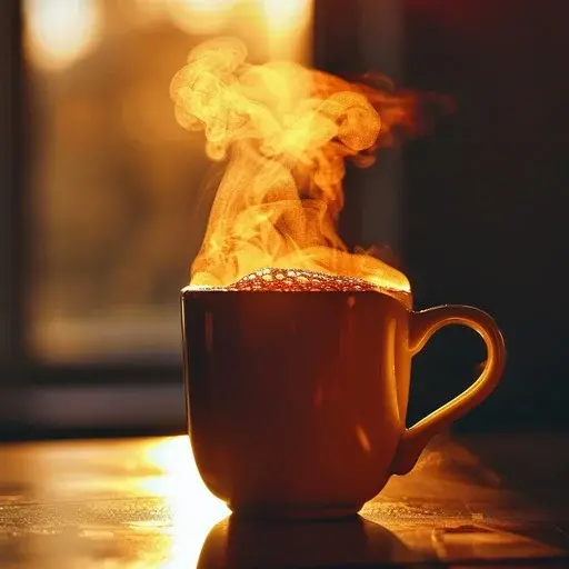 A warm ceramic cup with rising steam on a soft background