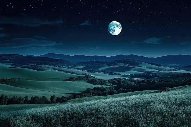 A calm night sky with a soft moon and rolling silhouettes